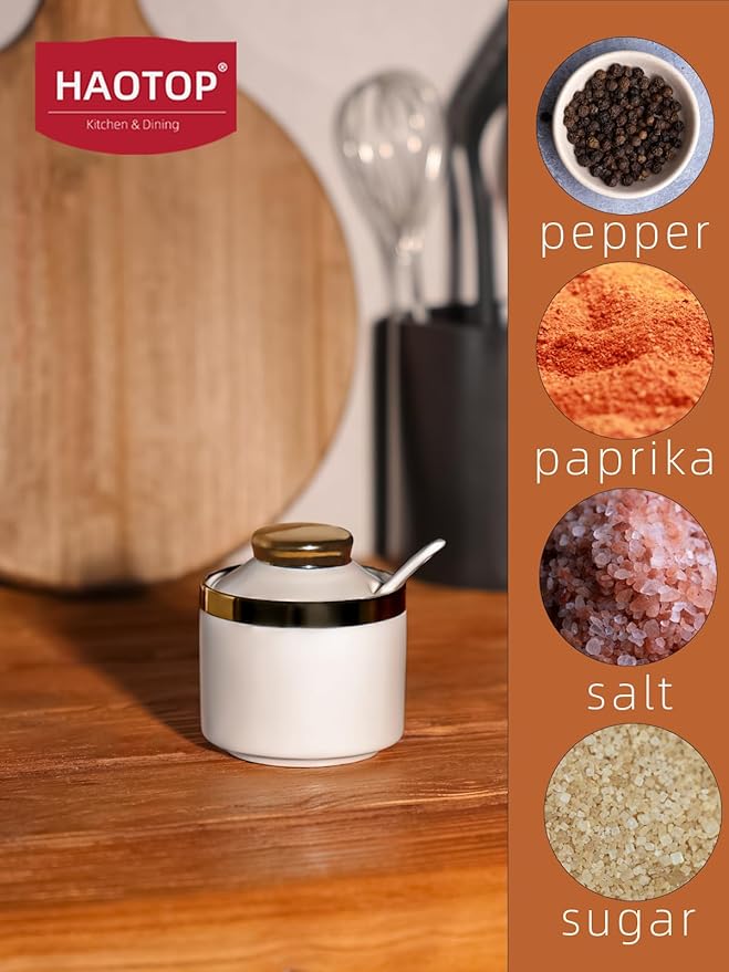 HAOTOP 8 oz Sugar Bowl with Lid and Spoon, Simple Ceramic Sugar Jar Sugar Dispenser Sugar Container Coffee Bar Accessories, Modern Kitchen Countertop Canisters, White