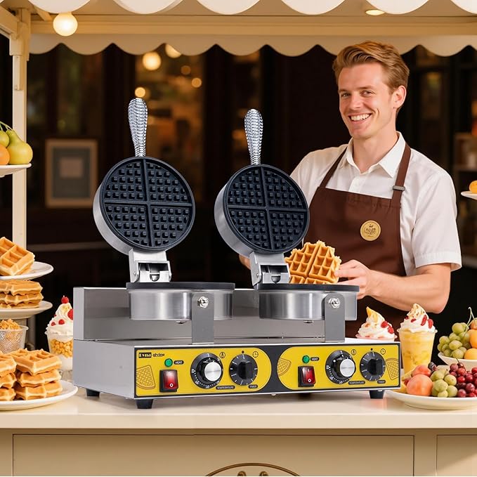 Dyna-Living Commercial Waffle Maker Double Head Waffle Maker, 2400W Non-Stick Commercial Waffle Iron Stainless Steel Waffle Machine for Restaurants, Large Waffle Machine Commercial