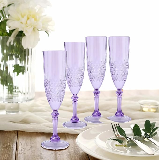 Plastic Champagne Flutes, 12PCS Purple Wine Glasses Goblets Reusable Champagne Flute for Weddings, Bachelor Parties, Toasting, and Events(12,Purple)