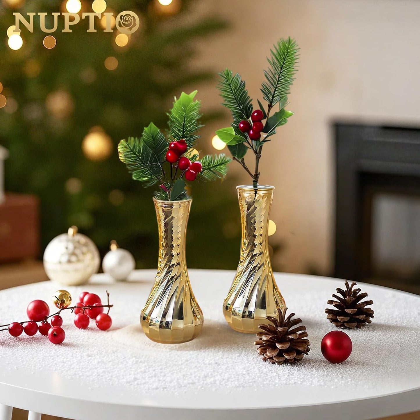 NUPTIO Glass Bud Vase Gold: 12 Pcs Small Flower Vases for Wedding Party Table Centrepiece - Vintage Ribbed Vase for Home Birthday Reception Decorations