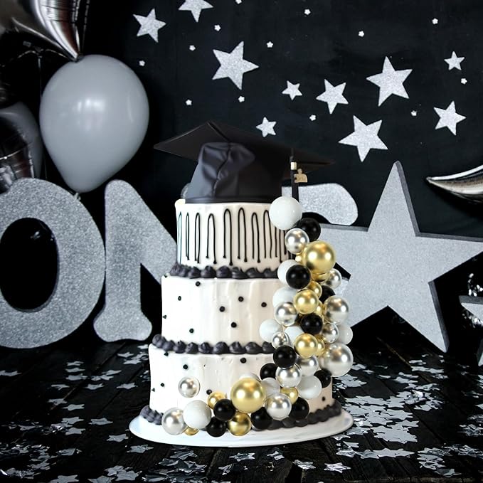 48 Pcs Balls Cake Topper Decorations Balloon Cupcake Toppers Foam Cake Topper Balls Cake Balls Decorations for Birthday Party Wedding Anniversary Cake Decorating (Black, Silver, White, Gold)