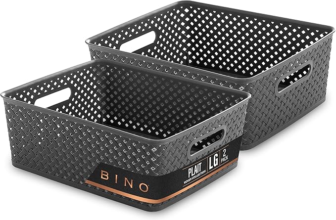 BINO | Plastic Storage Basket | Large - Grey | THE PLAIT COLLECTION | Multi-Use Storage | Durable, Drawer & Cabinet-Friendly | Storage Baskets for Organizing | Pantry, Bathroom & Closet Organizer