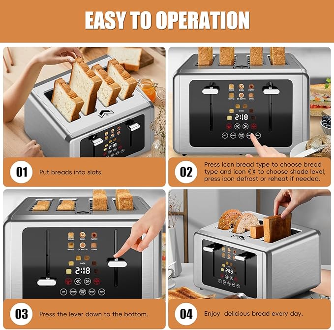 4 Slice Toaster, Touchscreen & Dual Independent Control Panel,5 Basic Functions & Digital Countdown Toasters, 6 Shade Settings&6 Bread Types, Smart Bread Maker Mute/Screen-Off,Platinum
