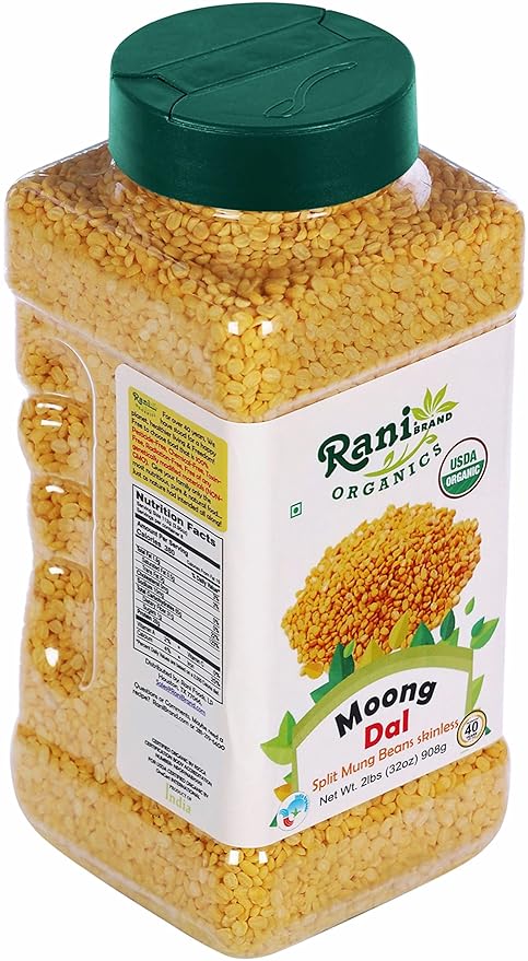Rani Organic Moong Dal (Split Moong Beans Skinless) Indian Lentils 32oz (2lbs) 908g PET Jar ~ All Natural | Vegan | Gluten Friendly | NON-GMO | Indian Origin | USDA Certified Organic