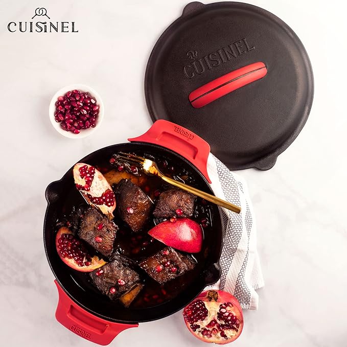 Cuisinel Cast Iron Lid - Fits 10"-Inch Lodge Skillet Frying Pans or Braiser + Silicone Handle Holder + Care Guide - 25.4-cm Pre-Seasoned Universal Replacement Cover - Indoor/Outdoor, Fire, BBQ Safe