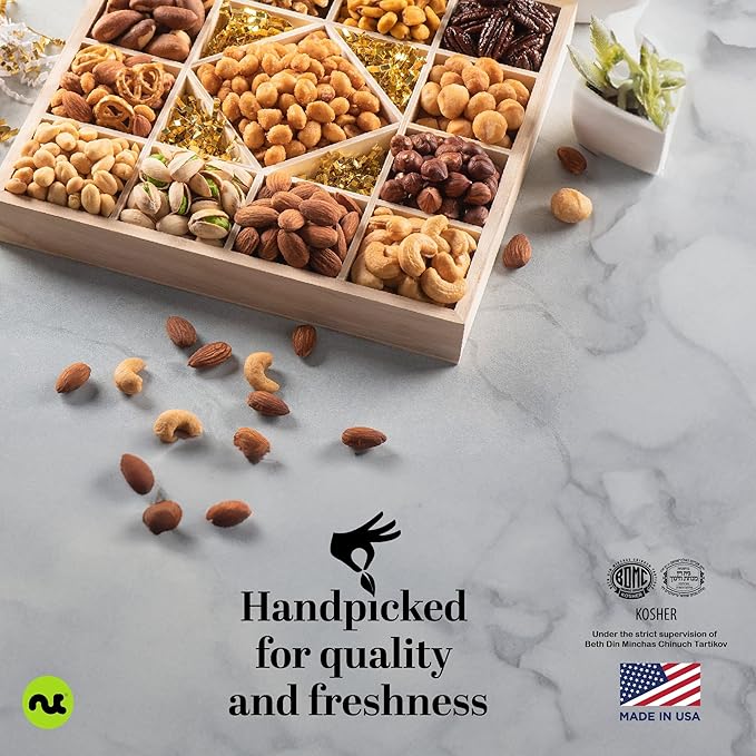 NUT CRAVINGS - Mixed Nuts Gift Basket in Reusable Diamond Wooden Tray + Green Ribbon (13 Assortments) Food Arrangement, Healthy Snack Care Package, Food Assortments
