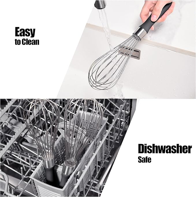 18/8 Stainless Steel Balloon Whisk, Doosu Kitchen Whisk for Cooking Handheld Egg Beater with Rust-Proof Sturdy Wires & Non-Slip Silicone Handle for Beating, Stirring, Blending (8 Wires, Black)