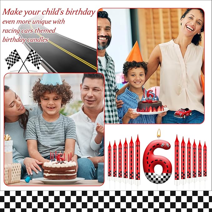 13PCS Racing Car Theme Birthday Candle Set with Checkered Flag Design - Durable Cake Topper for Race Car Party Decorations, Kids Birthday Supplies - Number 6 Candle for Racing-Themed Celebrations