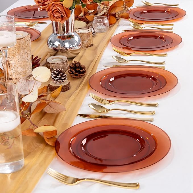 I00000 102 Pcs Clear Brown Plastic Plates - Elegant Disposable Plastic Party Plates Include 51 Dinner Plate 10’’ and 51 Dessert Plate 7’’ Perfect for Birthday, Party & Wedding