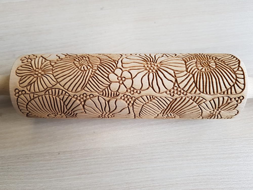 POPPY Embossing Rolling Pin with Wildflower Corn Poppies Pattern. Dough roller for embossed cookies and Pottery by Algis Crafts