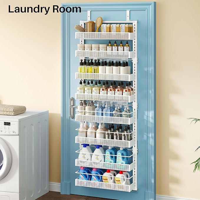 Over the Door Pantry Organizer - 8 Tier Adjustable Hanging Door Spice Rack, Large Capacity for Kitchen Pantry Storage (White)