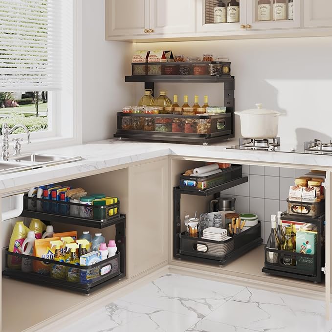2 Pack 21IN-Depth Under Sink Organizer With Next-Gen Ball-Bearing Slides,2-Tier Precision Mesh Pull Out Cabinet Storage for Bathroom&Kitchen,Height Adjustable Drawers Shelf,Anti-rust-Black
