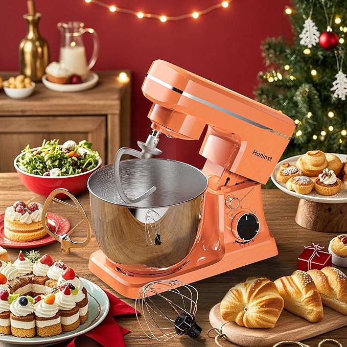 10-Speed Stand Mixer with 8-in-1 Splash Guard, Tilt-Head, 6QT Stainless Steel Bowl+Dishwasher-Safe Dough Hook/Whisk/Beater/Spatula for Baking Bread, Cakes, Cookies, Orange