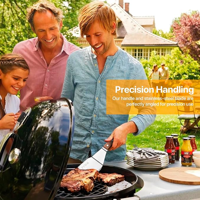 2 Pcs Stainless Steel Spatula Turner for Cast Iron Skillet, Grill Spatula with Wooden Handle, Heavy Duty Pancake Turner Metal