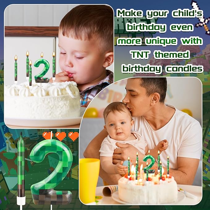 13 Pcs Dynamite Candles 12 TNT Themed Birthday Cake Candles and Number 2 Candle Cake Topper for Pixel Theme Birthday Party Anniversary Party Dynamite Theme Party Video Game Party Supplies (Number 2)
