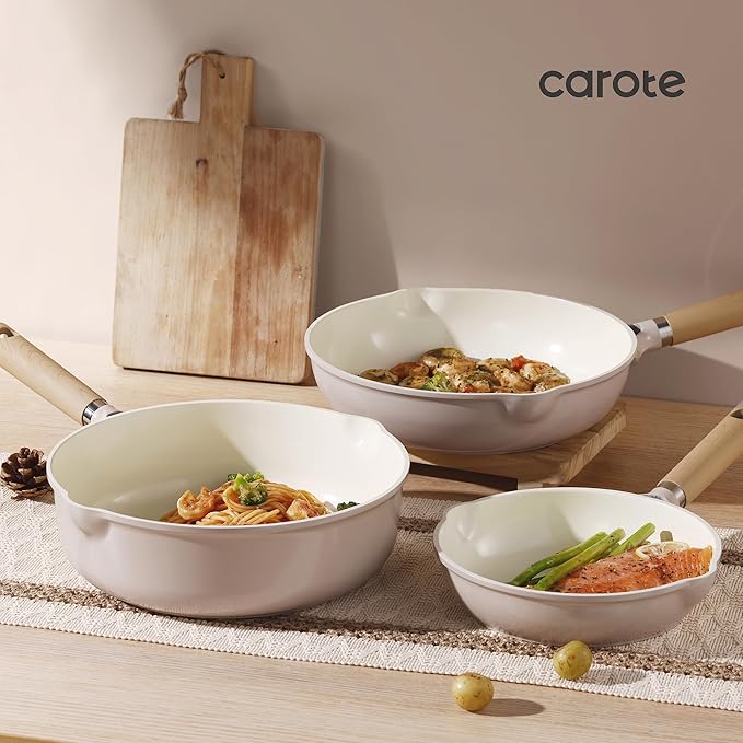 CAROTE 10" Ceramic Saute Pan wilt Lid, Non Stick Frying Pan Skillet Chef's Pan, Healthy & PFOA/PFAS Free, Induction-Compatible, Taupe