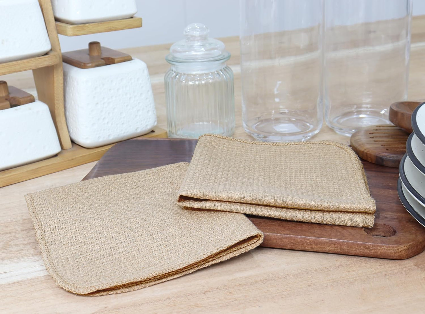 PurpleEssences Dish Cloths and Dish Rags - 6 Pack Waffle Weave Solid Kitchen Dish Wash Cloths, 100% Cotton, 12 x 12 Inches, Ultra Soft Absorbent Quick Drying - Beige