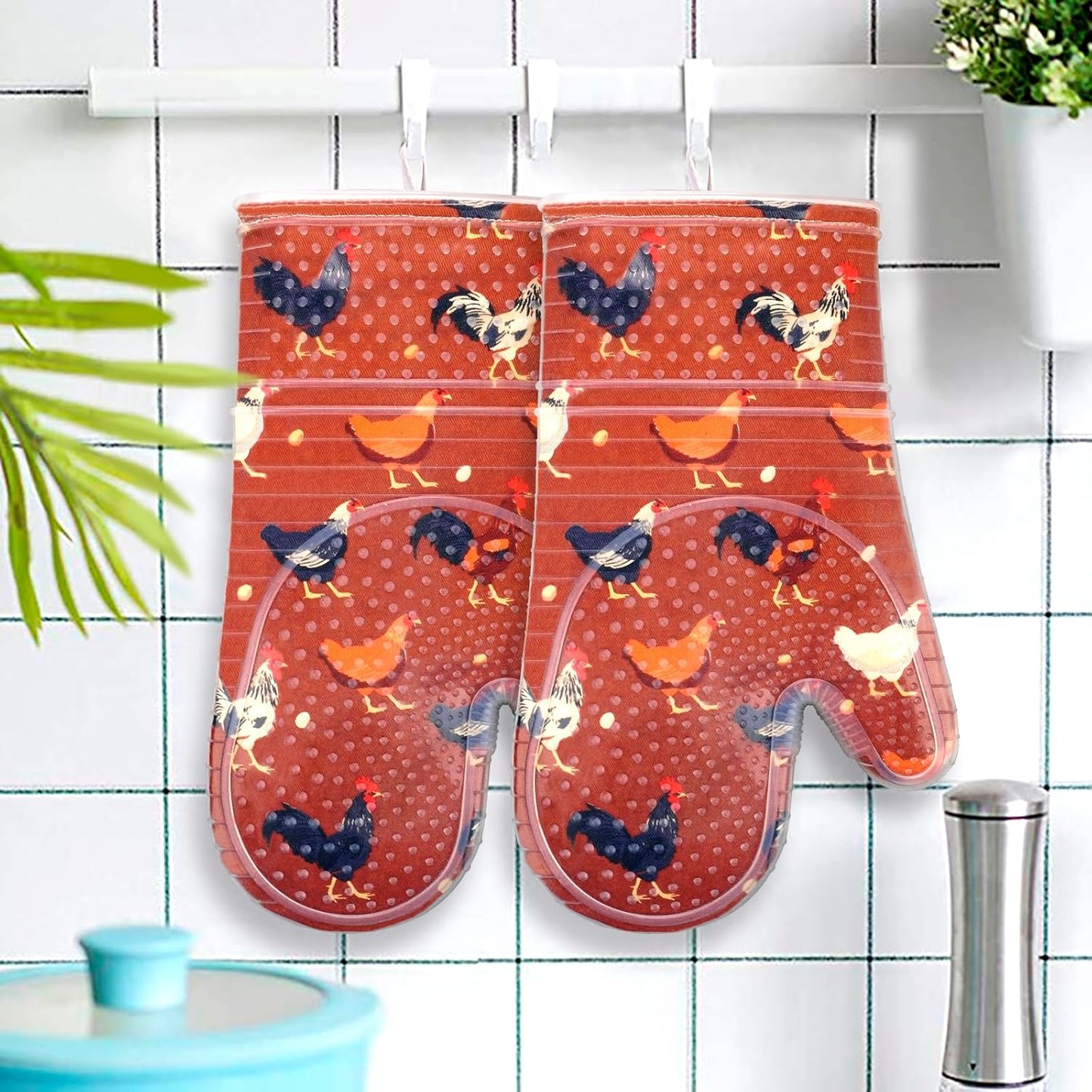 RED LMLDETA Oven Mitts Set of 2 with Transparent Clear Silicone Shell and Nice Shell Flower Cotton Lining, Heat Resistant to 500 F Kitchen Oven Gloves Pot Holder for Cooking (Rooster, Oven Mitts)