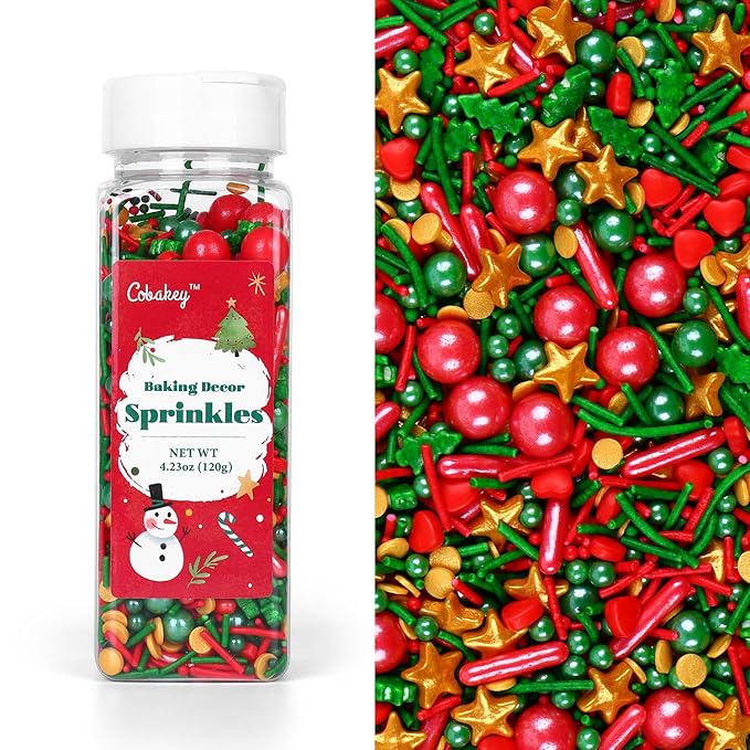 Christmas Sprinkles for Cookies, Red and Green Sprinkles With Green Tree & Gold Star, Perfect for Christmas Dessert Party 4.23 Ounce