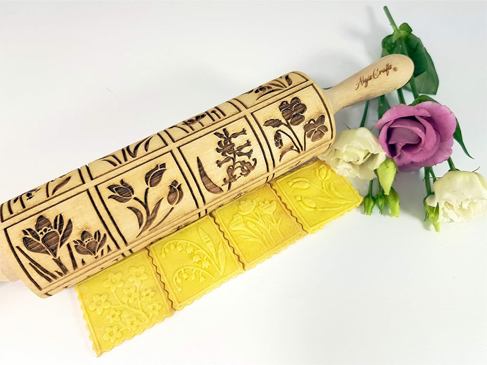 Embossing Rolling Pin SPRING FLOWERS with 16 different spring flowers by Algis Crafts