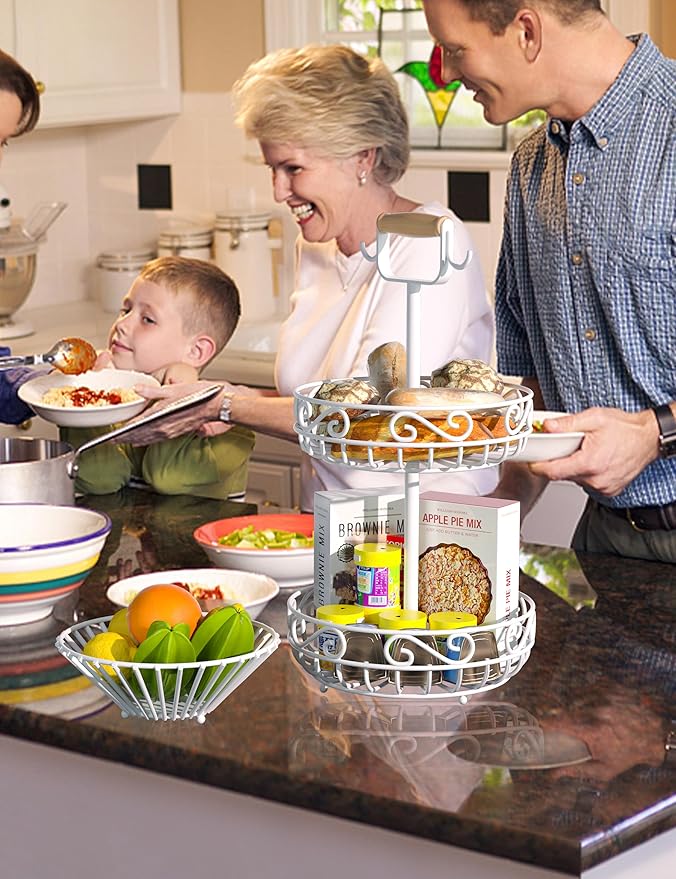 2-Tier ๐
๐ซ๐ฎ๐ข๐ญ ๐๐๐ฌ๐ค๐๐ญ and Fruit Bowl - Fruit and Vegetable Storage with Banana Tree Hanger and Wood Handle, Fruit Basket for Kitchen Counter, for Bread Onions Potatoes Veggies Produce