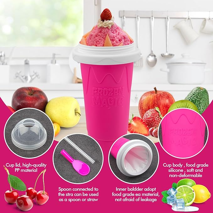 2PCS Slushie Maker Cup, Quick Frozen Magic Cups for Homemade Milk Shake Ice Cream Maker, Double Layer Squeeze Slushy Maker Cup, Birthday Gifts for Kids,Friends,Family (Blue+Pink)
