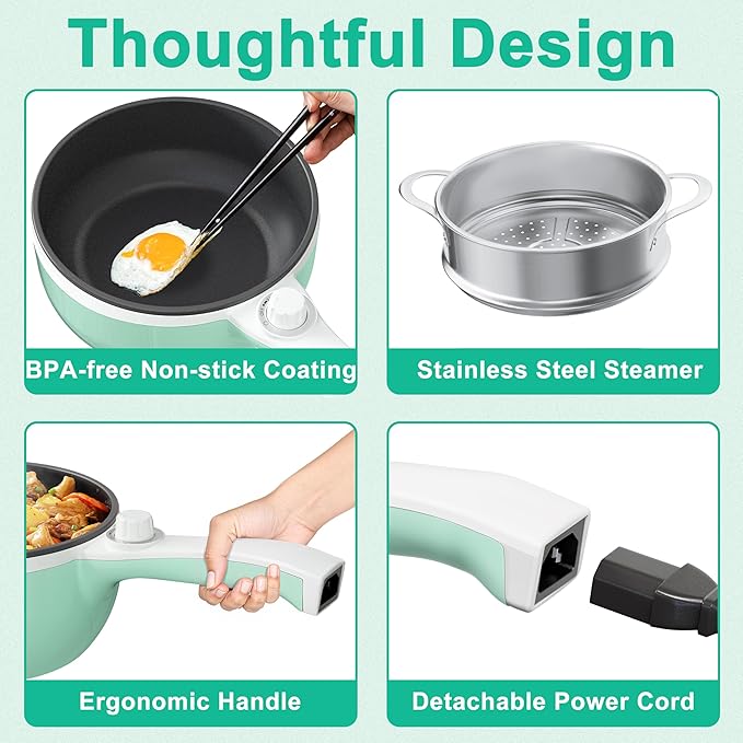 Dezin Hot Pot Electric with Steamer Upgraded, Non-Stick Sauté Pan, Rapid Noodles Electric Pot, 1.5L Mini Pot for Steak, Egg, Fried Rice, Ramen, Oatmeal, Soup with Power Adjustment