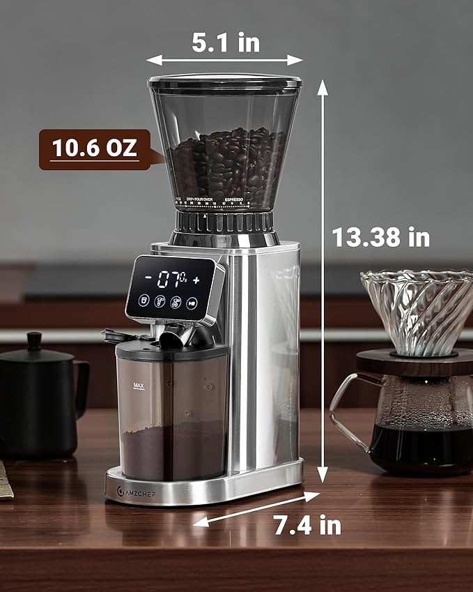 AMZCHEF Coffee Grinder, Coffee Bean Grinder for Home Use with Precise Grinding, LED Control Panel, Detachable Funnel Stand, Anti-static Design, 45 Grind Settings, Silver