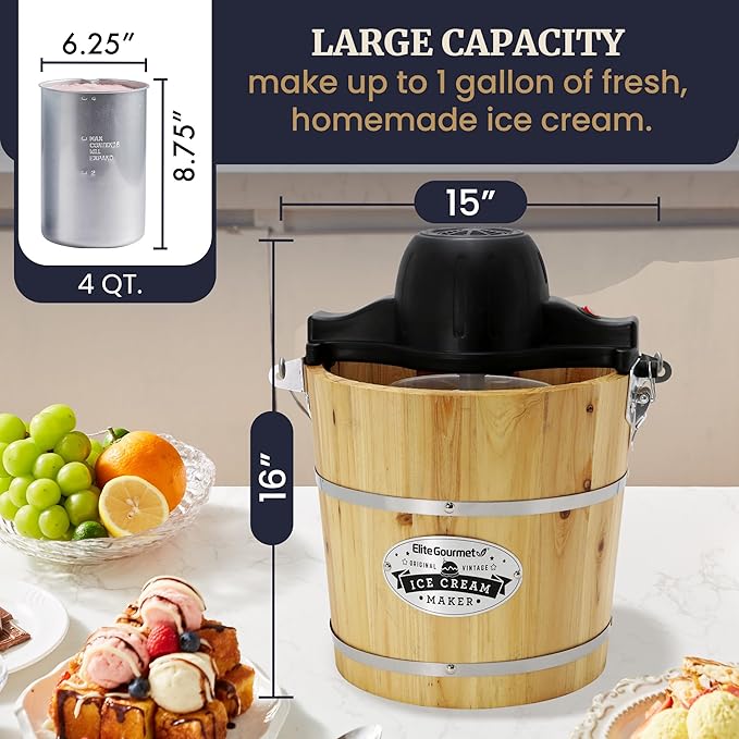 Elite Gourmet EIM402 Old Fashioned 4 Quart Vintage Wood Bucket Electric Ice Cream Maker Machine, Bonus Classic Die-Cast Hand Crank for Churning, Uses Ice and Rock Salt Churns Ice Cream in Minutes