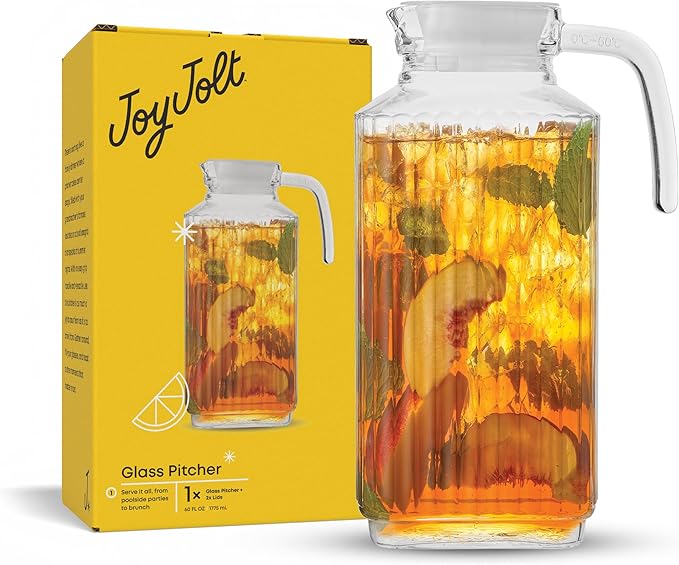 JoyJolt 60oz Glass Pitcher with Lid (2 Lids) - Beverage Serveware and Storage Container for Cold Drinks and Liquids. Juice Container, Water Jug, Fridge Pitcher for Iced Tea or Milk