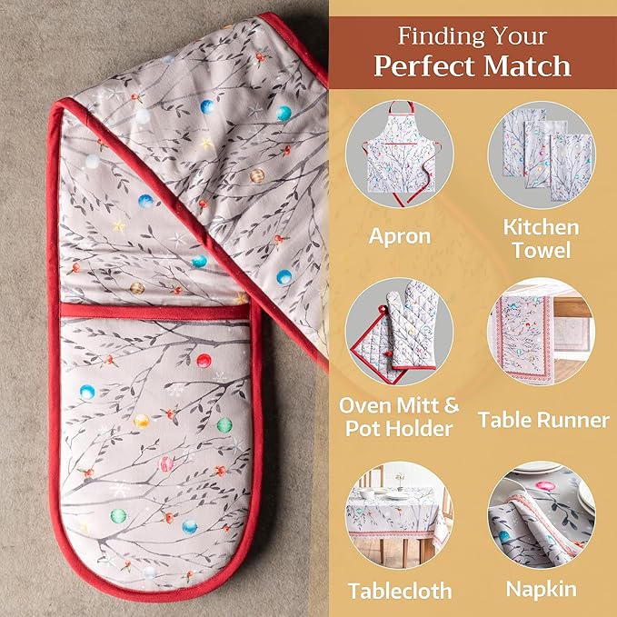 Maison d' Hermine Double Oven Mitt 100% Cotton Heat Resistant Cooking Gloves with Loop, Baking Barbeque, Handling Hot Pan, Fairy Christmas - Thanksgiving/Christmas (7 Inch x 35 Inch)