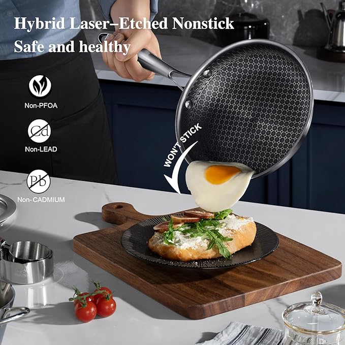 Cookware Set, Hybrid Skillets and Frying Pans Set(8+10+12inch), PFOA Free Kitchen set Dishwasher and Oven Safe Induction Compatible Stainless Steel Skillets