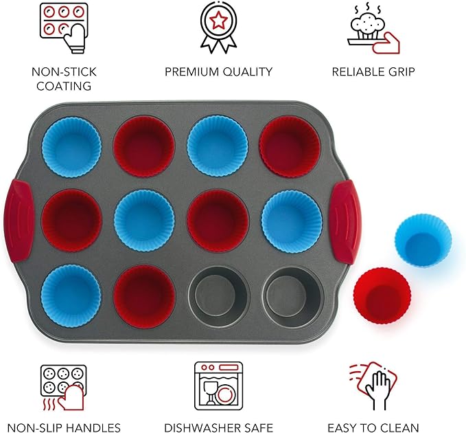 Boxiki Kitchen 12 Cup Mini Muffin Pan with Silicone Muffin Liners. Professional Cupcake Pan for Baking Muffin Mold, Mini Muffin Tin Non-Stick Steel Bakeware