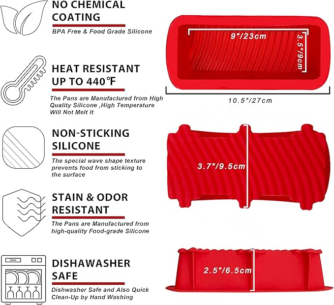Anaeat Silicone Bread and Loaf Pans Set of 2, Non-stick loaf pans - Just PoP Out! Flexible Silicone Baking Molds for Homemade Breads, Cakes, Meatloaf, Brownies, BPA Free & Oven Safe & Dishwasher Safe