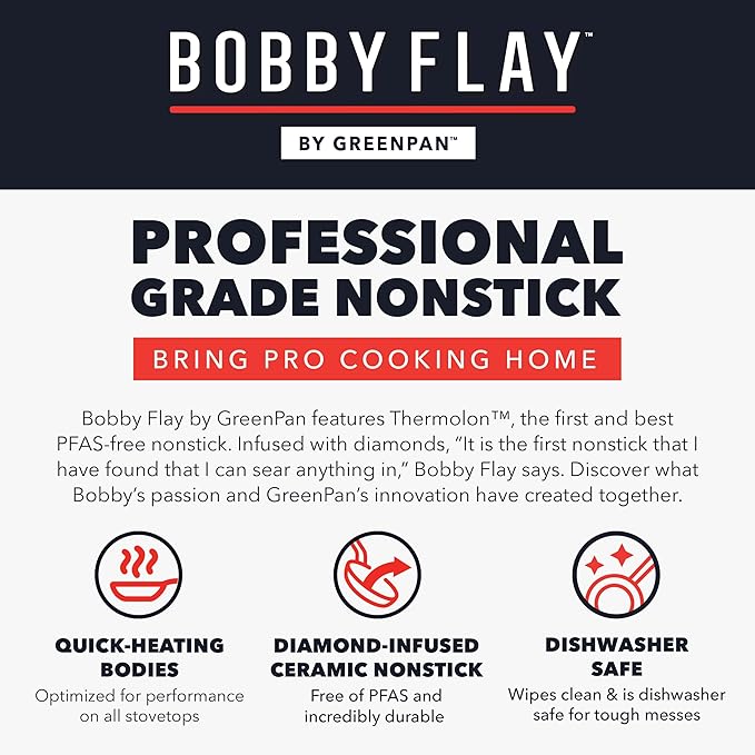 GreenPan x Bobby Flay 13 Piece Nonstick Cookware Pots and Pans Set, PFAS-Free Diamond Ceramic, Induction Suitable, Easy Clean Dishwasher & Oven Safe, Stay-Cool Silicone Handles, Glass Lids, Navy Blue