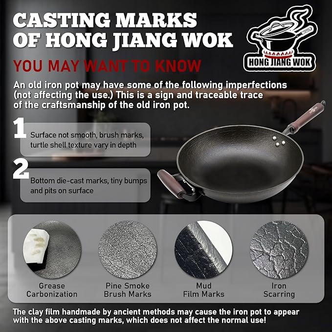 HONGJIANG Cast Iron Wok Pan, 13.4" Pre-Seasoned Flat Bottom Wok,Coating-Free Wok Stir Fry Pan With Glass Lid,Compatible Traditional Chinese Wok For Induction, Electric, Gas,Open Fire