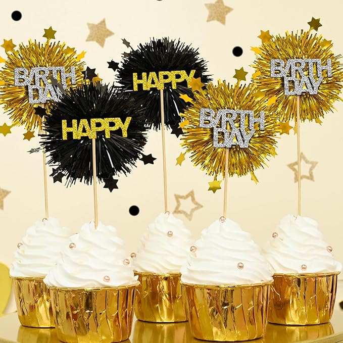 LOLStar 12 PCS Happy Birthday Cake Toppers, Black and Gold Foil Cupcake Toppers, Glitter Tinsel Cupcake Decor, Food Picks Drink Stirrers Cocktail Toothpicks for Celebrating Party Supplies
