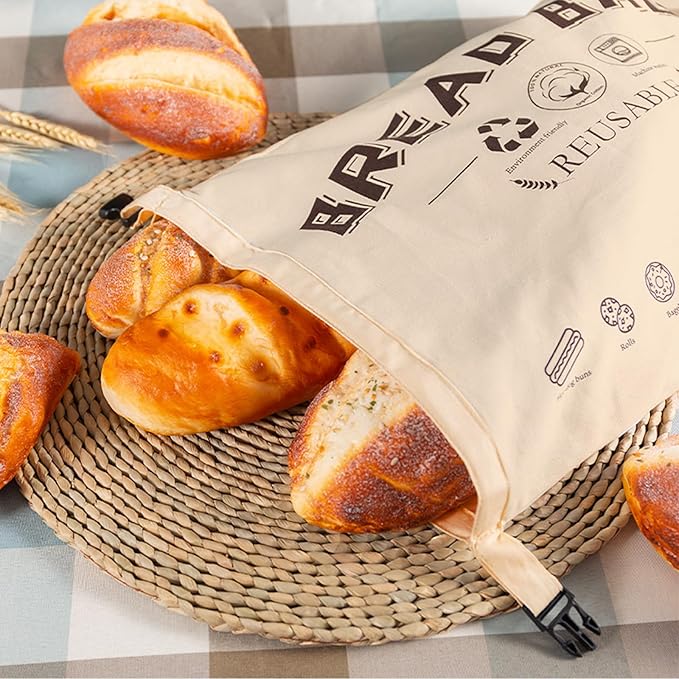 2-Pack Bread Bags, Reusable Bread Bags for Homemade Bread, Buckle Closure,Fresh Keeping Extra Large Bags, Food Bag (Beige)