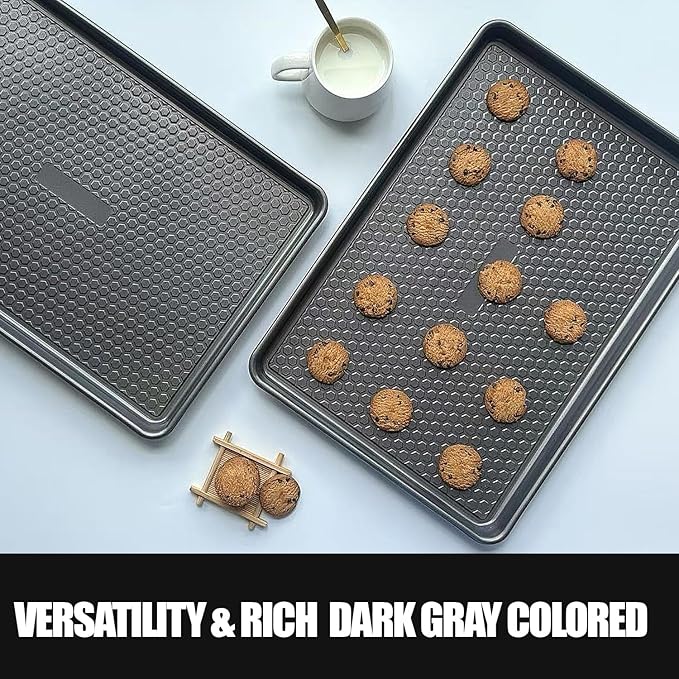 Large Baking Sheet Set (2 Pack) - Half Sheet Pan 17.7x12.2 Inch, 0.8mm Heavy Duty Carbon Steel, Nonstick & Warp Resistant Cookie Sheet for Baking, Roasting, Textured Pattern, Dark Grey