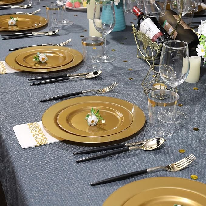 I00000 102 Pieces Solid Gold Disposable Plates, Gold Plastic Plates Premium Plastic Party Plates Includes: 51 Dinner Plate 10.25 Inch and 51 Salad/Dessert Plate 7.5 Inch for Wedding & Party