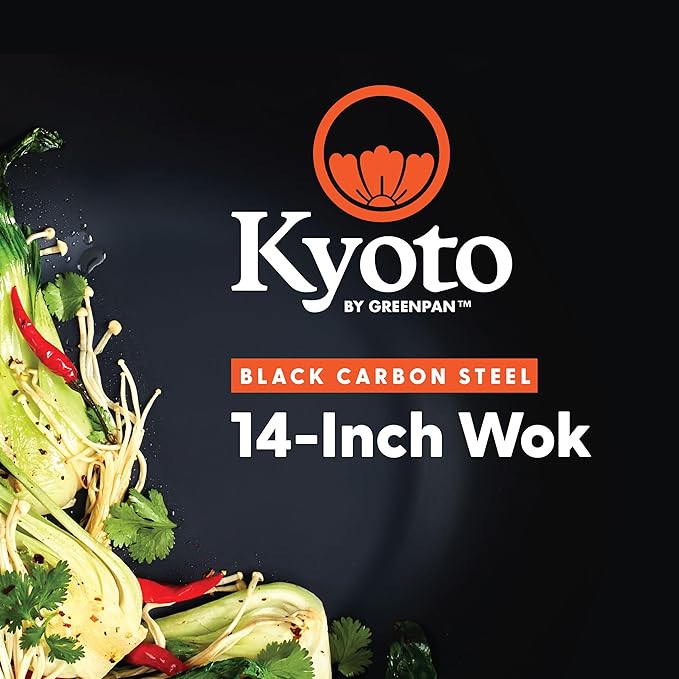 GreenPan Carbon Steel Wok 14”, Flat Bottom, Durable Stir-Fry Pan, Pre-Seasoned Nonstick Patina, High Heat Retention, Induction, Ash Wood Handle, Kyoto, Black