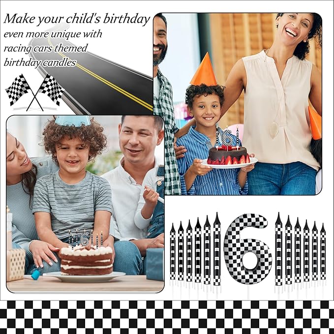 13 Pcs Racing Cars Themed Birthday Candles 12 Black and White Race Number 6 Checkered Candle Cake Topper for Racing Car Party Decoration Supplies (Number 6)