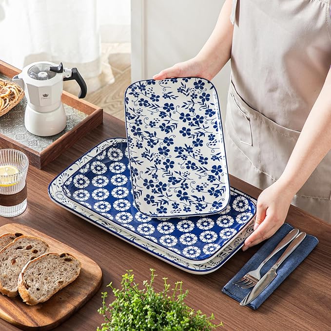 vancasso Serving Platters Set of 3, 16"/14"/12" Inch Rectangular Trays - Serving Platter Extra Large, Ceramic Serving Dish Microwave & Dishwasher Safe (Vintage Blue B)