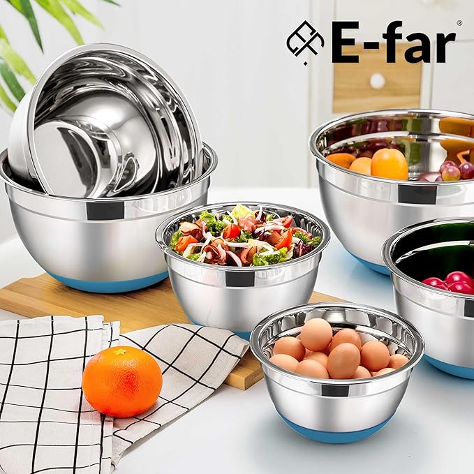 E-far Stainless Steel Mixing Bowls with Lids Set, 5-Piece Nesting Salad Bowls with 3 Grater Attachments and Non-Slip Bottoms, Size 4.6, 2.6, 2, 1.5, 1QT for Kitchen (Blue)