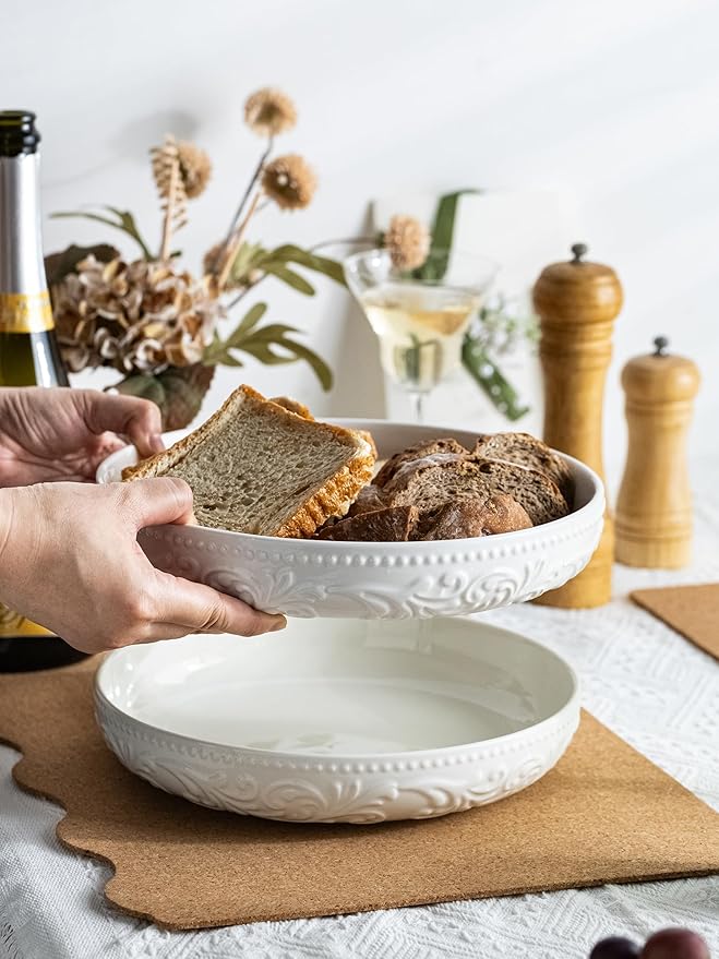 YHOSSEUN 9.75" Pasta Bowls Set of 4, 50 OZ Large Salad Bowl Pasta Plates, Ceramic Serving Bowl Plate White Soup Bowls, Embossed Morning Glory