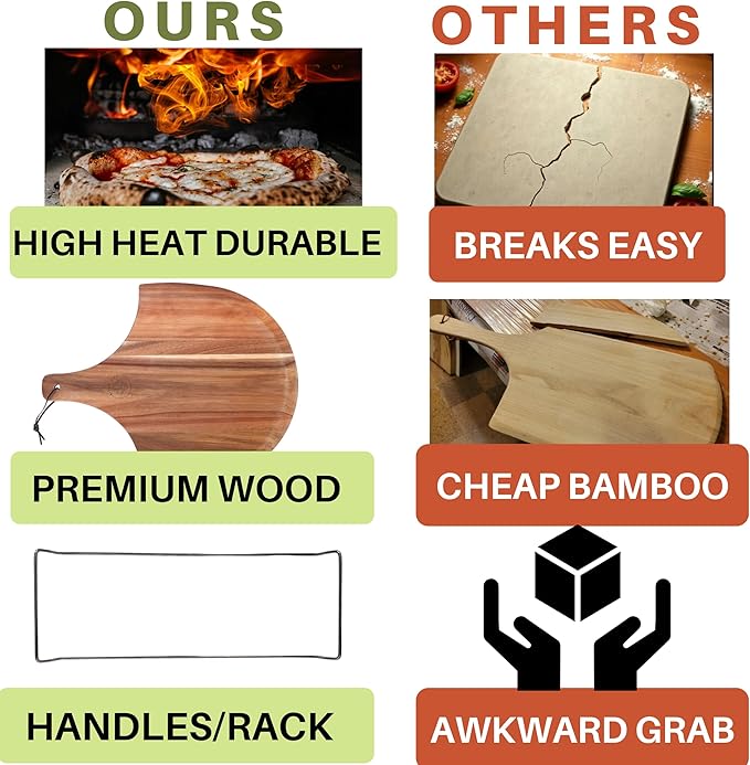 Pizza Stones for Oven - Pizza Stone for Grill with Handles, Wooden Peel and Dough Cutter - 15 inch x 12 inch Grilling Stones - Baking Stone for Bread - Pizza Making Set