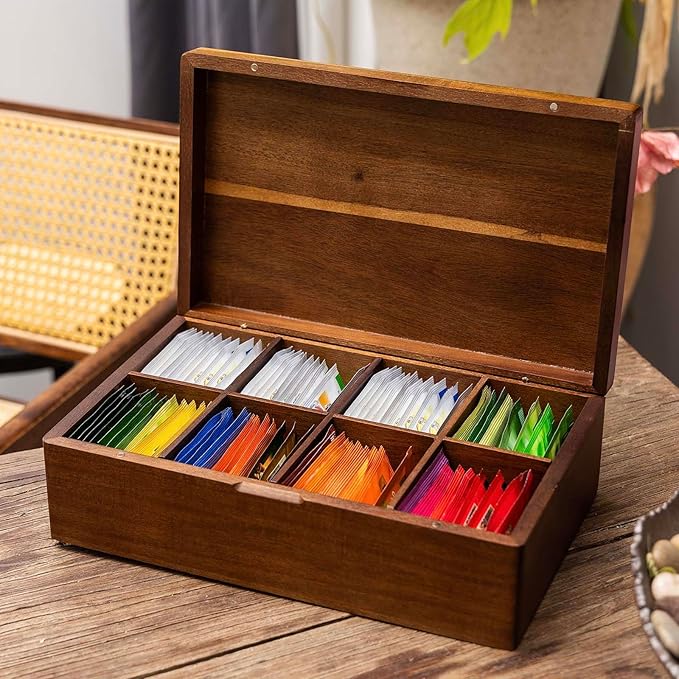 Acacia Wooden Tea Bag Organizers, Tea packet Storage Boxes, Tea Caddy for Tea Bags Chest, Teabag Holder Containers, Teabox Station Display, Organizador De Tes Caja Para Te, 8 Compartments