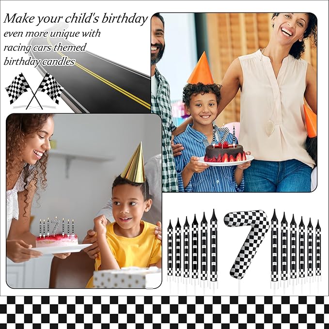 13 Pcs Racing Cars Themed Birthday Candles Black and White Race Number 7 Checkered Candle Cake Topper for Racing Car Party Decoration Supplies (Number 7)