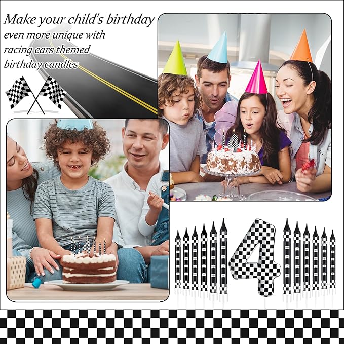 13 Pcs Racing Cars Themed Birthday Candles Black and White Race Number 4 Checkered Candle Cake Topper for Racing Car Party Decoration Supplies (Number 4)