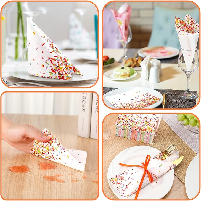 100 Pcs Sprinkles Napkins 2 Ply Disposable Paper Napkins for Baby Shower Birthday Party Theme Table Decor Supplies(White,Confetti)